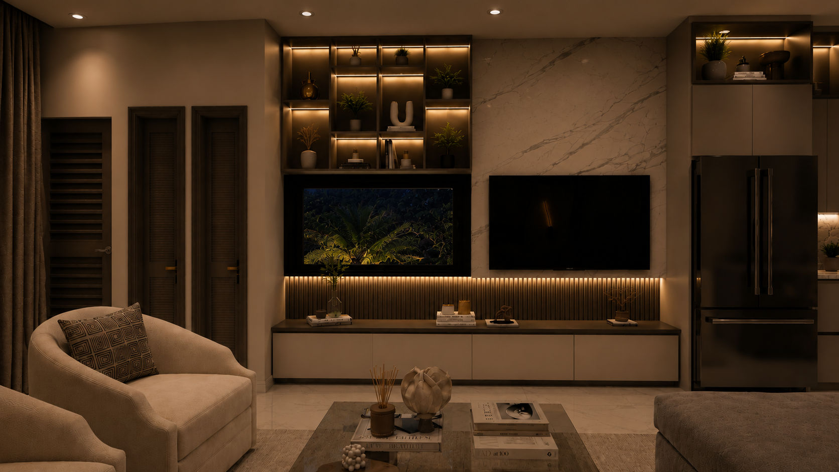 The Summit penthouse open-plan living and kitchen, night